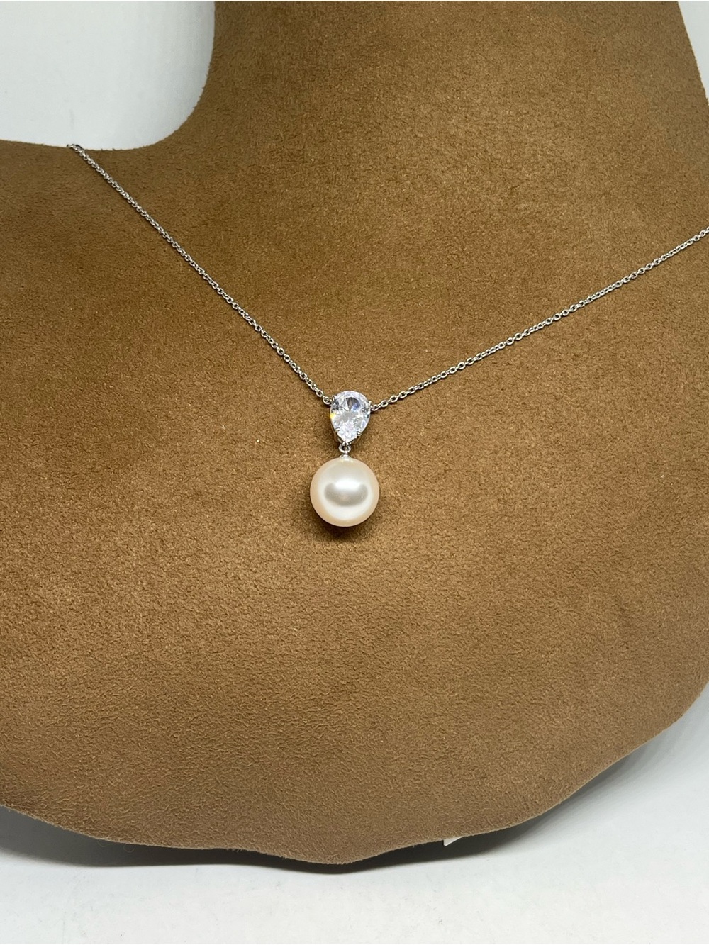 Eliot Danori Silver Necklace with White Pearl and Clear Teardrop Crystal